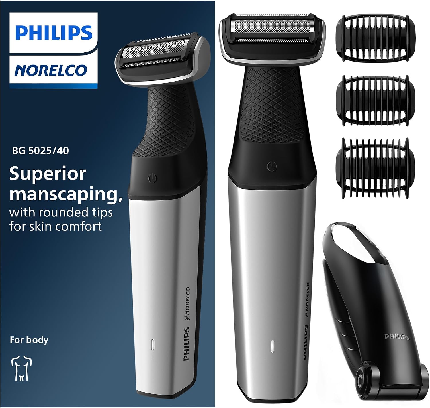 ماكينة تشذيب الجسم والعناية الشخصية فيليبس نوريلكو Bodygroom Series 5000 المقاومة للماء للجسم والعناية الشخصية للرجال مع ملحق الظهر، BG5025/40