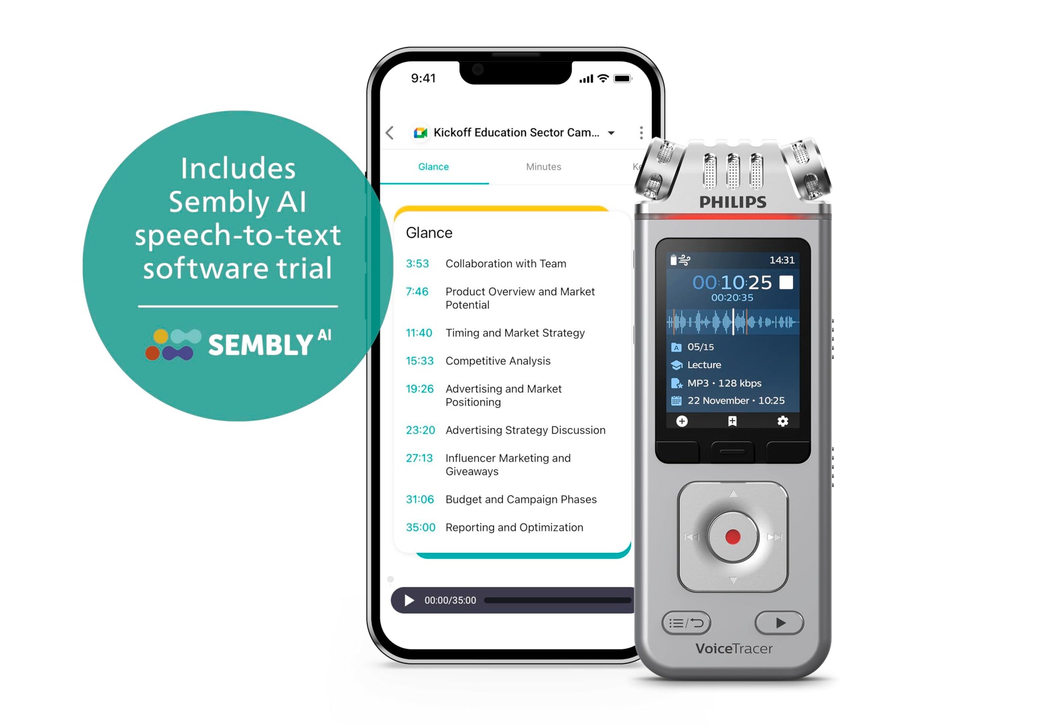 Philips DVT4115 VoiceTracer, Audio Recorder, MP3 and PCM, 3 HiFi microphones, exceptional distant recording. Sembly AI trial license: transcription, AI created summaries, AI powered meeting insights