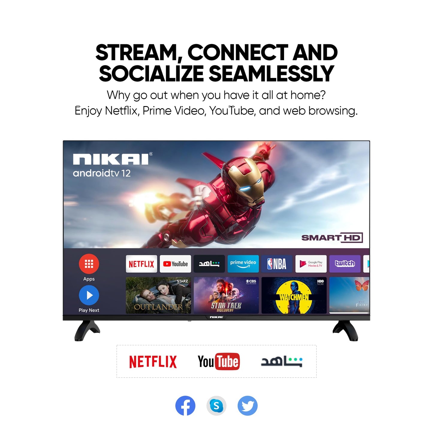 Nikai 32 Inch Smart LED TV | HD 1366 x 768 Resolution | Android TV with Wi-Fi & DLNA | Quad-Core Processor | 16W Speaker Power | 2x HDMI, 2x USB | Netflix, YouTube, Shahid