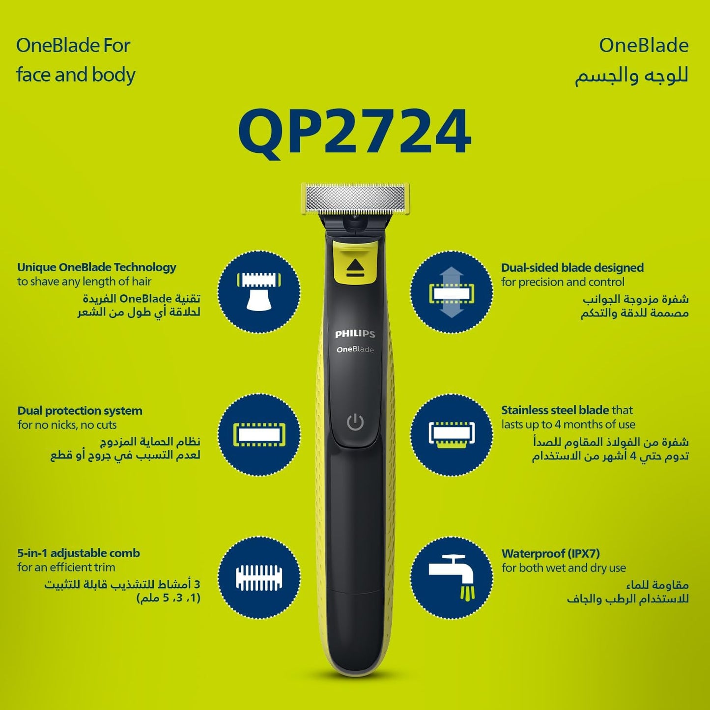 فيليبس OneBlade Pro ماكينة للوجه والجسم QP6542/10، للتشذيب والحلاقة مع مشط دقيق بـ 12 طولاً، مقاومة للماء، استخدام لاسلكي لمدة 90 دقيقة