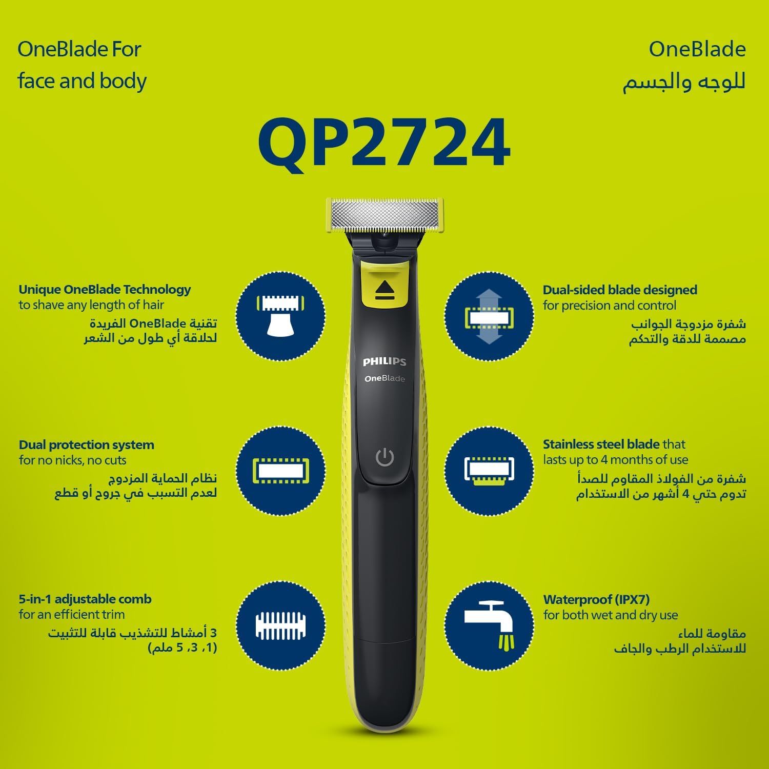 فيليبس OneBlade Pro ماكينة للوجه والجسم QP6542/10، للتشذيب والحلاقة مع مشط دقيق بـ 12 طولاً، مقاومة للماء، استخدام لاسلكي لمدة 90 دقيقة