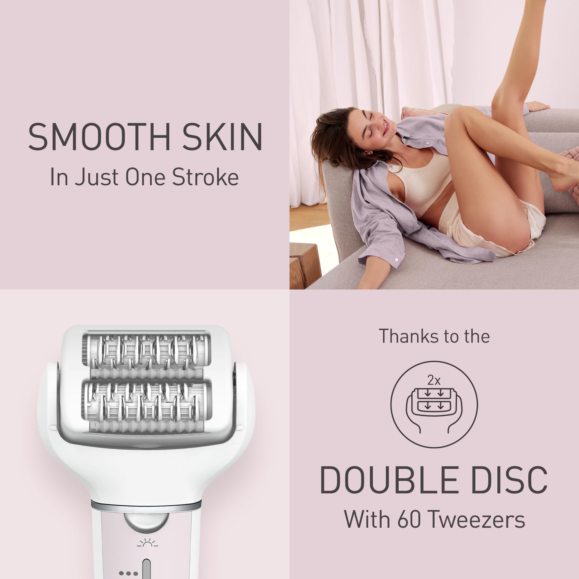 Panasonic ES-EY80 Wet and Dry Epilator for women, Double Disc with 60 Tweezers, Flexible 90° Pivoting Head, 3 Speed Setting & LED Light, Up to 30 Minutes Operation Time, 5 attachments