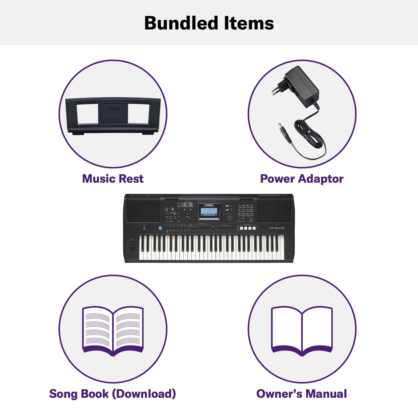 YAMAHA PSR-E473,61 KEYS PORTABLE KEYBOARD WITH POWER ADAPTOR, Black