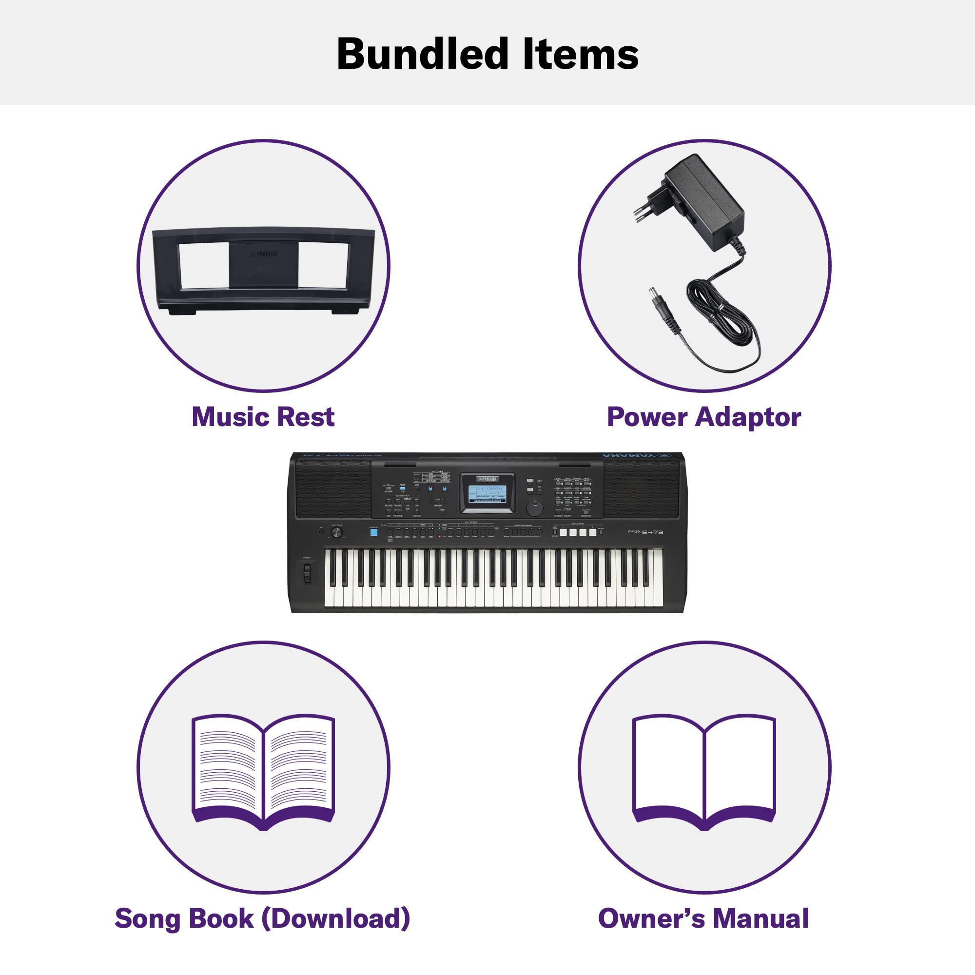 YAMAHA PSR-E473,61 KEYS PORTABLE KEYBOARD WITH POWER ADAPTOR, Black