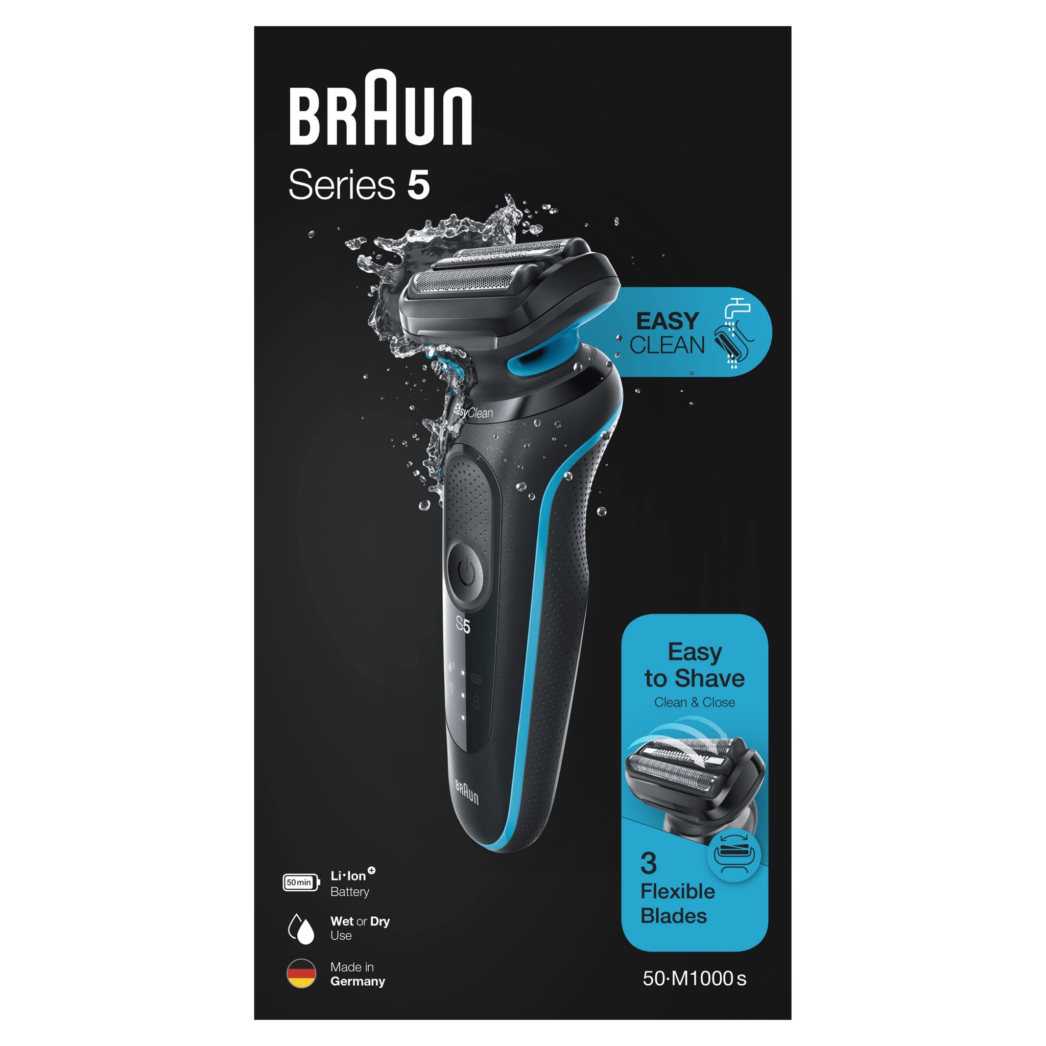 Braun Series 5 50-M1000s Wet & Dry Shaver, 3 Flexible Blades, Up to 50 min Shaving 1h Charge, 5 min Quick Charge, Mint