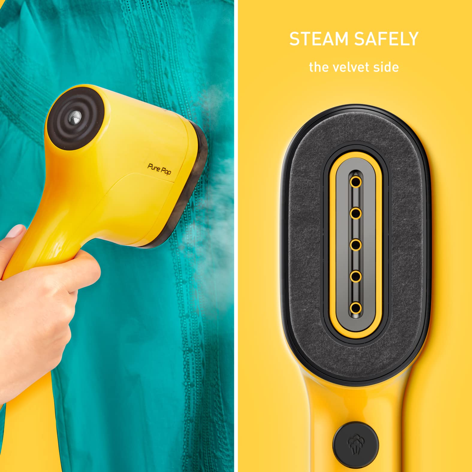 Tefal, Pure Pop Handheld Garment Steamer Sunshine Yellow, 1300W of Power 20g/min, DT2026, Garment Care, Reversible Lint Pad, Travel Bag Included, Fast Heat Up
