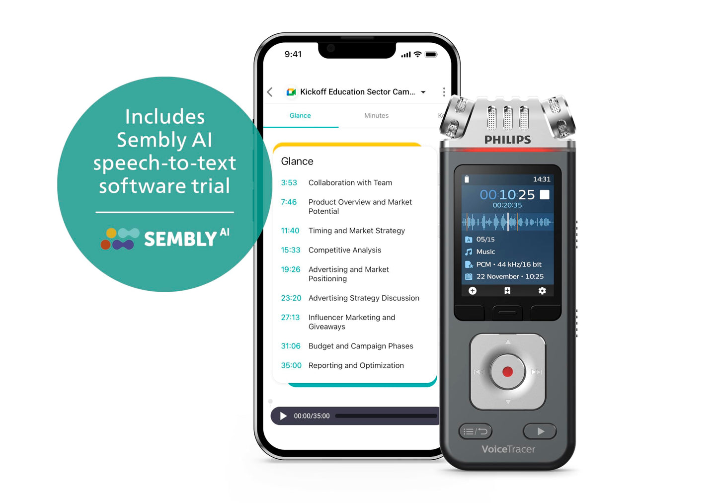 Philips VoiceTracer DVT6115 Voice Recorder, 8GB, MP3, 3 HiFi microphones, music recording. Sembly AI speech recognition. Automatic meeting minutes and to-do-list creation
