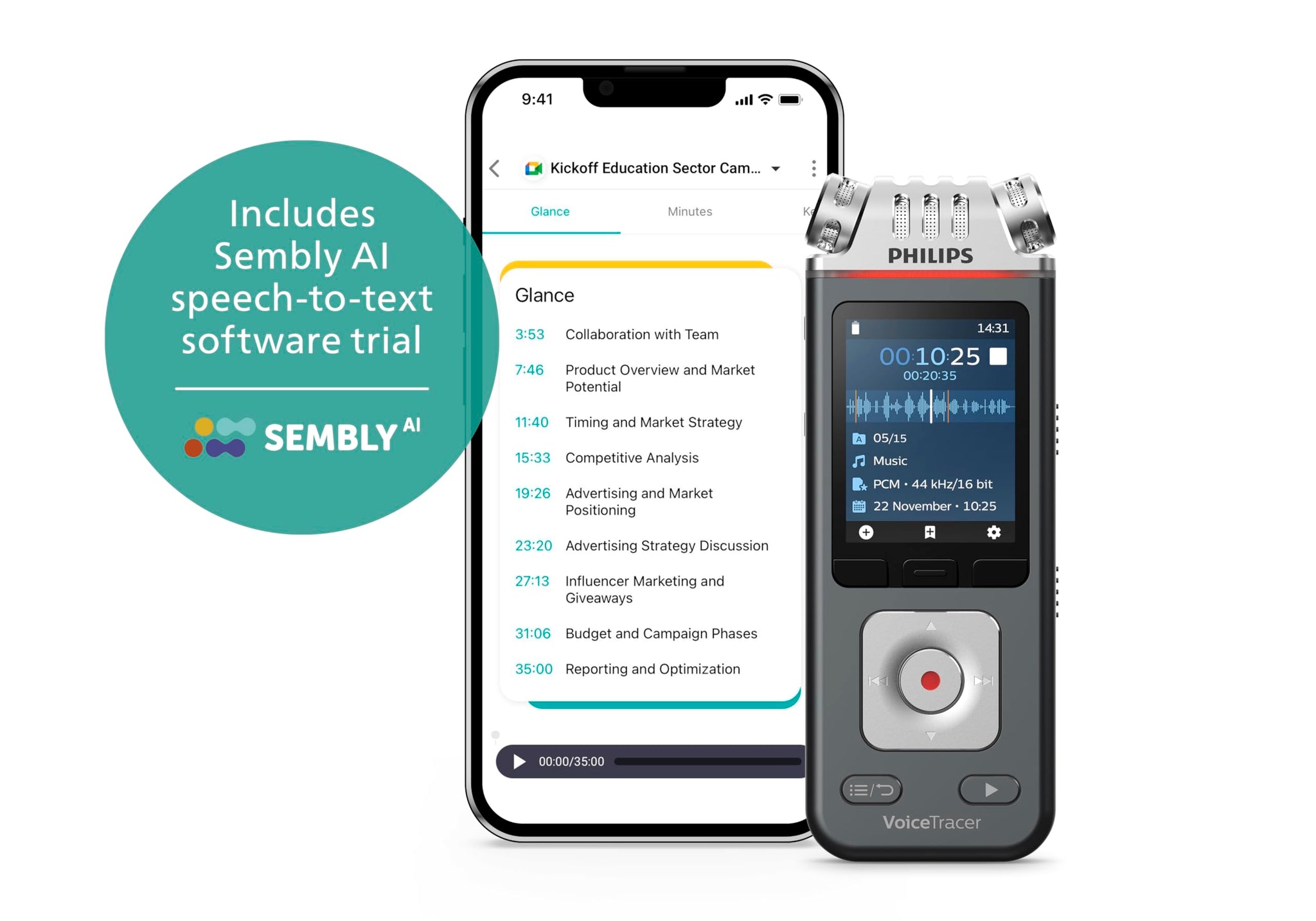 Philips VoiceTracer DVT6115 Voice Recorder, 8GB, MP3, 3 HiFi microphones, music recording. Sembly AI speech recognition. Automatic meeting minutes and to-do-list creation