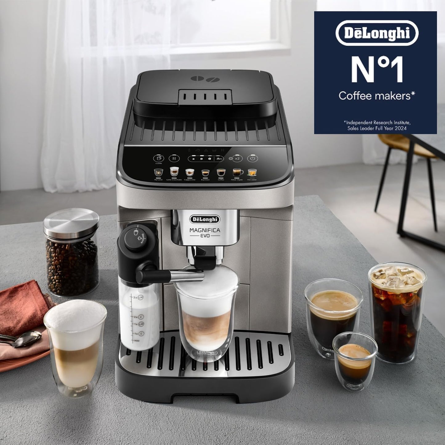De'Longhi Magnifica EVO Bean to Cup Fully Automatic Coffee Machine, Traditional Milk Frother, Built In Grinder, ECAM290.81.TB, Titanium & Black,