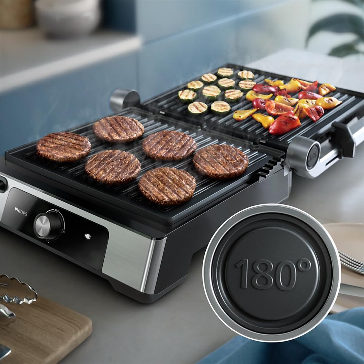 Philips Kontaktgrill - Temperaturfühler und 8 Voreingestellte Funktionen Grill mit großer Grillfläche. Digitale Temperaturregelung 60°C-220°C. Leicht zu reinigen (HD6307/70)