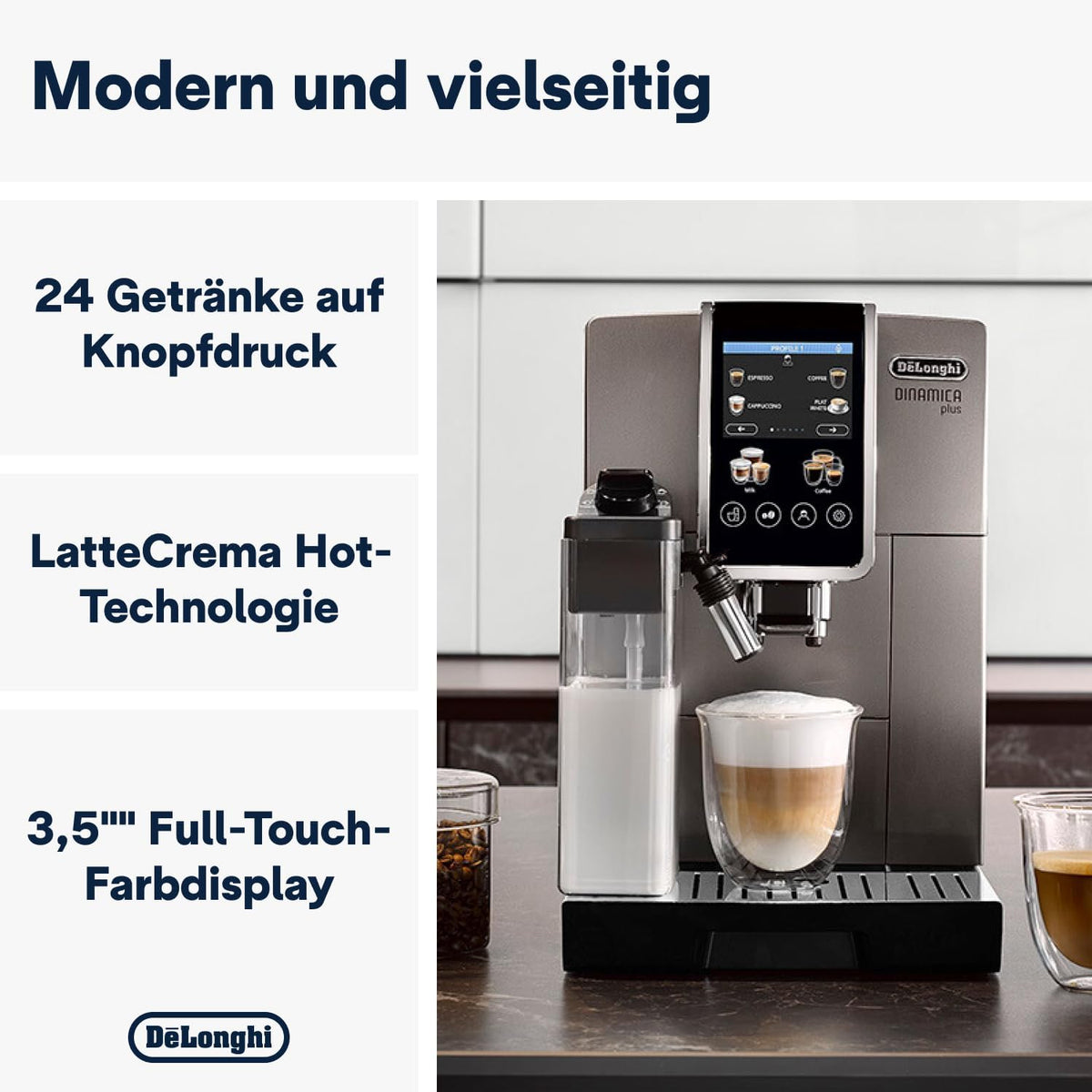 De'Longhi Coffee Machine DINAMICA PLUS Automatic Machine Coffee Machine, Automatic Milk Frother Hot Cream, Espresso and Cappuccino, Color Display, ECAM380.95.TB