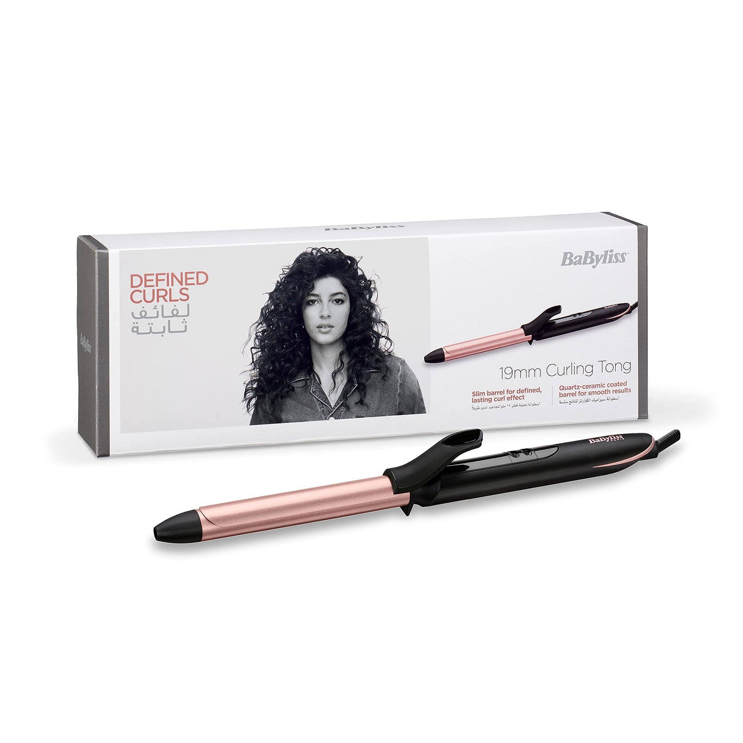 BaByliss Rose Quartz 19Mm Barrel, Advanced Ceramics Hair Curling Iron, Non Ionic 2.5 Cord, 6 Temp 160C-210C - C450Sde