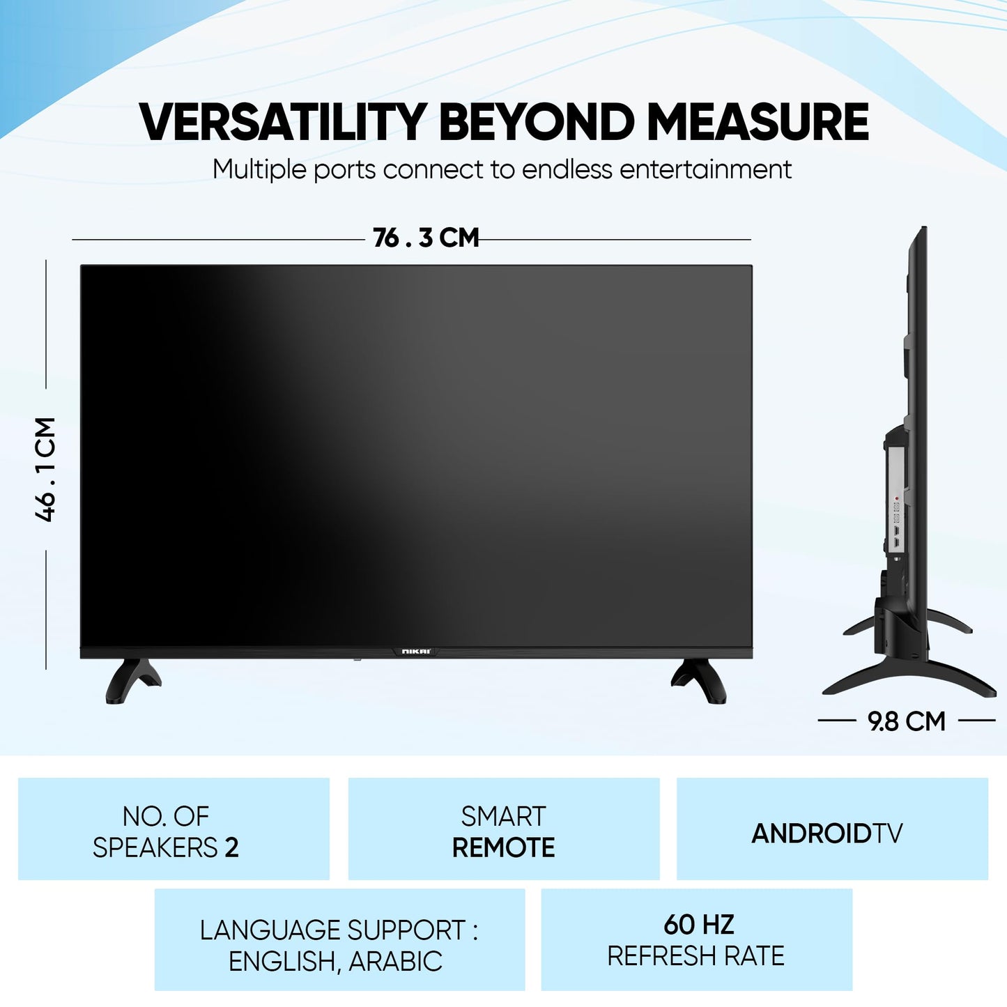 Nikai 32 Inch Smart LED TV | HD 1366 x 768 Resolution | Android TV with Wi-Fi & DLNA | Quad-Core Processor | 16W Speaker Power | 2x HDMI, 2x USB | Netflix, YouTube, Shahid