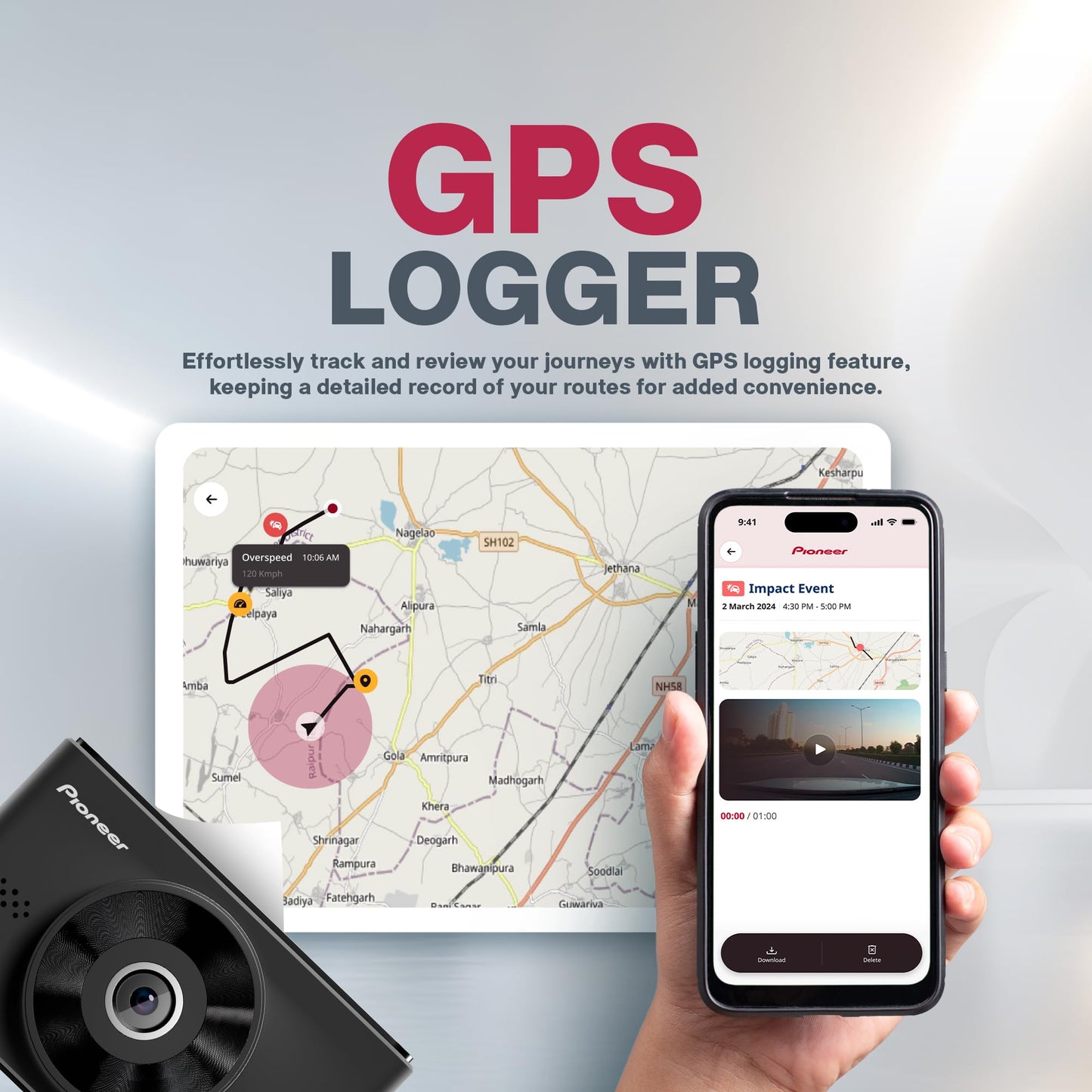 Pioneer Car Dash Camera VREC-H320SC | App Support | ADAS Warnings | 2MP 1080P | Wide Dynamic Range | 139 Field of View| GPS Logger | G-sensor| Emergency Recording |microSD Card support Upto 512GB