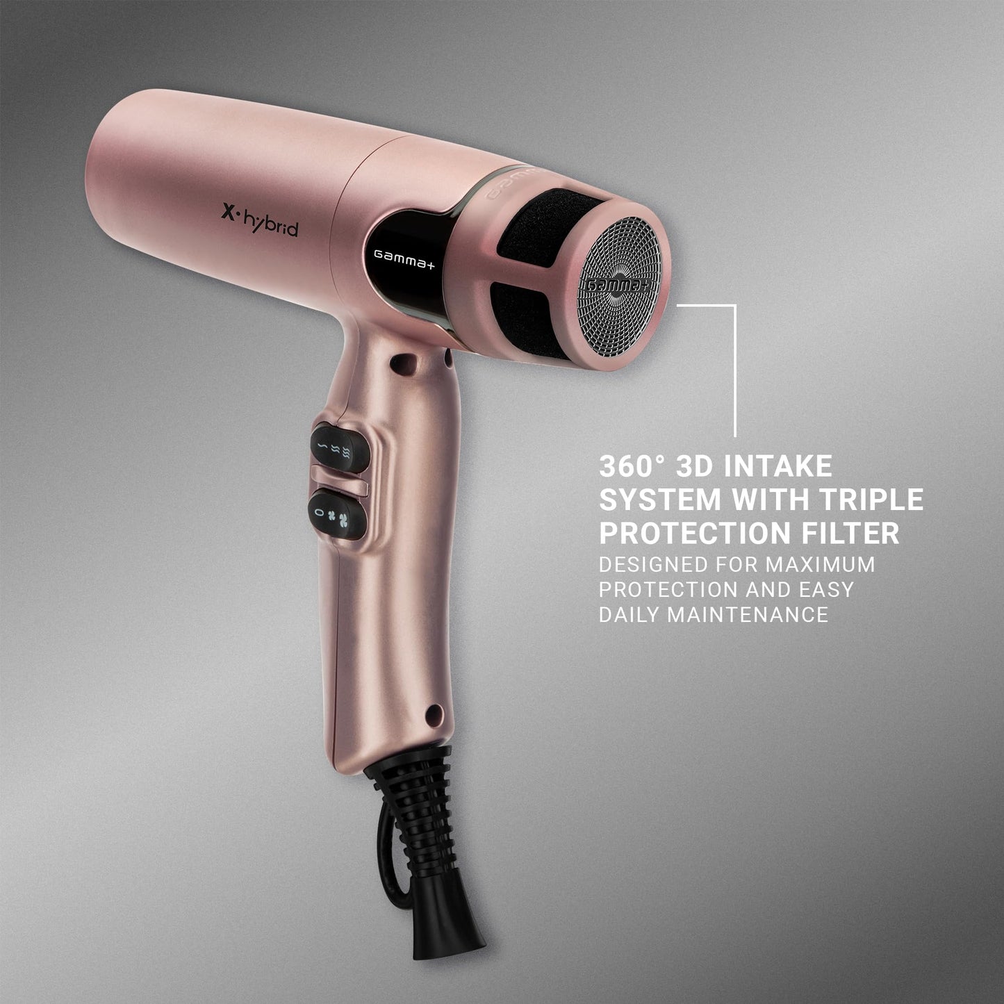 GAMMA+ Hybrid Professional Hair Dryer Lightweight, Ionic Technology, Low Noise with 2 Nozzles and Diffuser