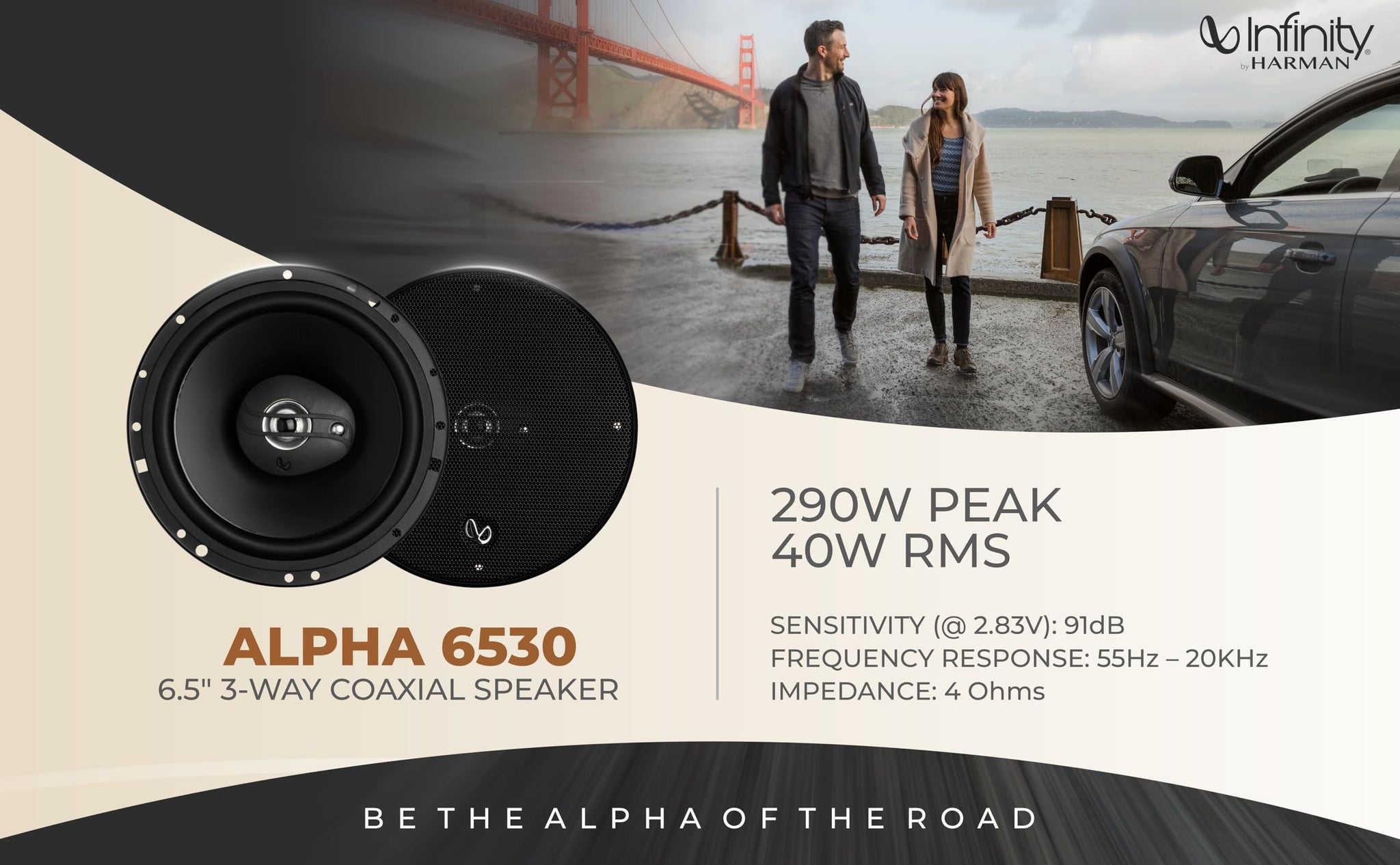 Infinity Car 3-Way Coaxial Speaker with Grille | Alpha 6530 | Peak Power - 290W | RMS Power - 40W | Wired 6.5 Inch 3-Way Coaxial Speaker (Black)