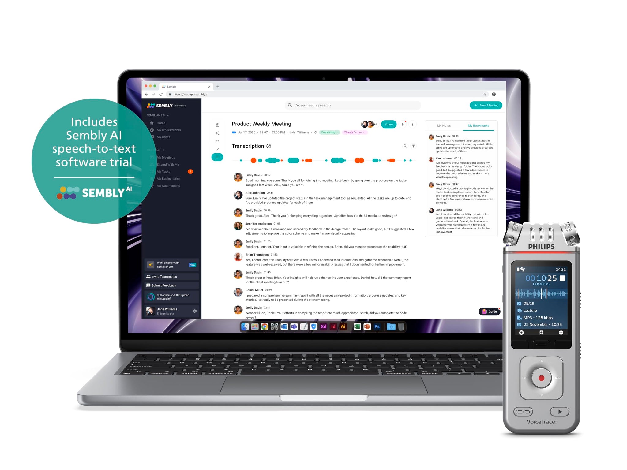 Philips DVT4115 VoiceTracer, Audio Recorder, MP3 and PCM, 3 HiFi microphones, exceptional distant recording. Sembly AI trial license: transcription, AI created summaries, AI powered meeting insights