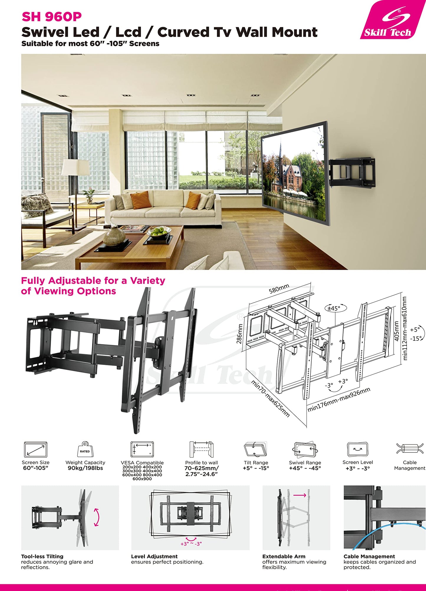 Skilltech SH 960P Full Motion TV Wall Mount for 60–105 Inch Flat and Curved TVs, Heavy-Duty Steel and Aluminum Design, Swivel and Tilt Bracket, Supports up to 90 kg, VESA up to 900x600
