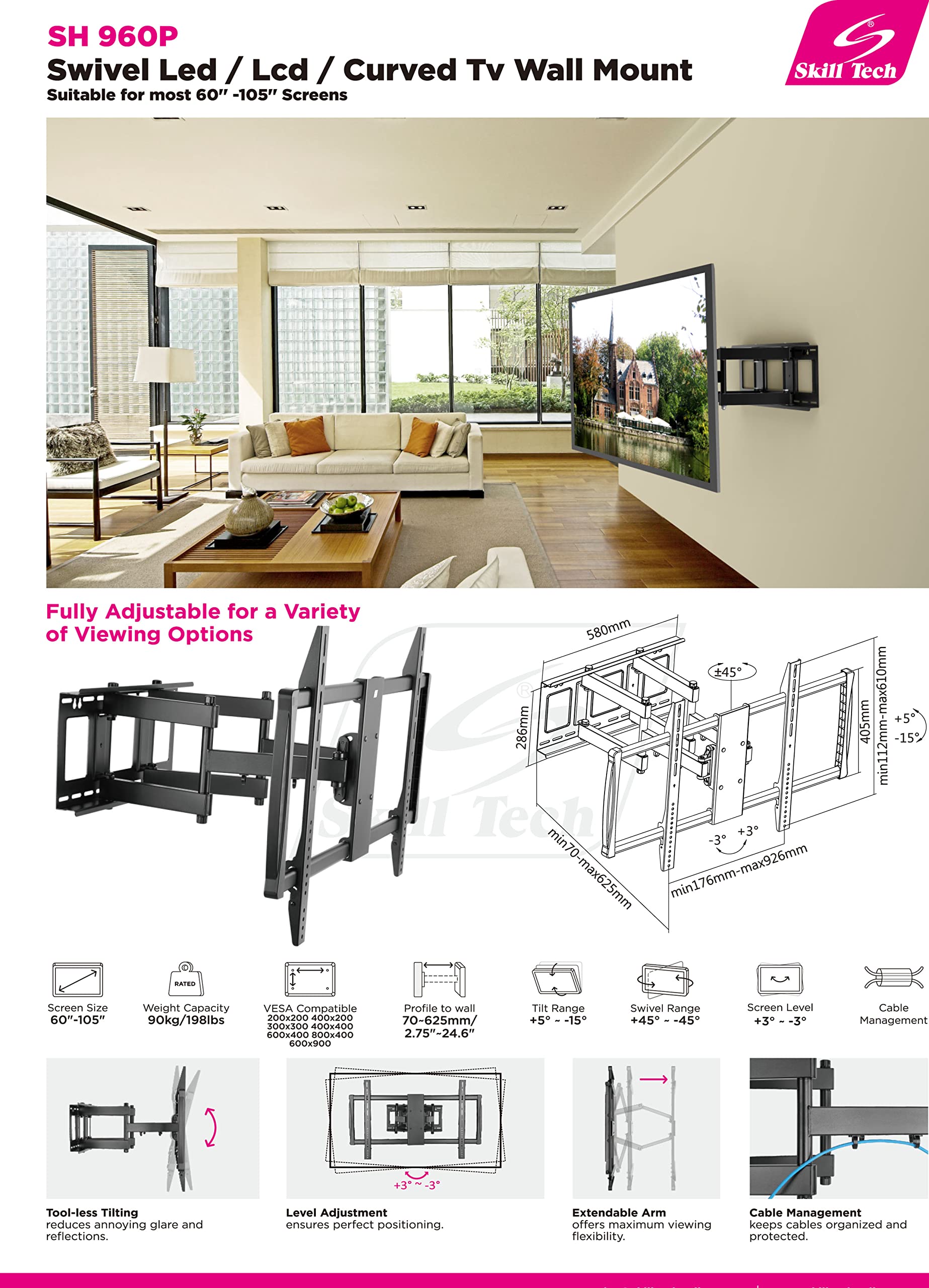 Skilltech SH 960P Full Motion TV Wall Mount for 60–105 Inch Flat and Curved TVs, Heavy-Duty Steel and Aluminum Design, Swivel and Tilt Bracket, Supports up to 90 kg, VESA up to 900x600