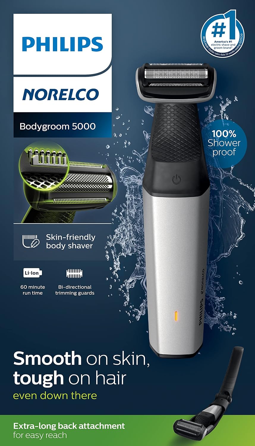 ماكينة تشذيب الجسم والعناية الشخصية فيليبس نوريلكو Bodygroom Series 5000 المقاومة للماء للجسم والعناية الشخصية للرجال مع ملحق الظهر، BG5025/40