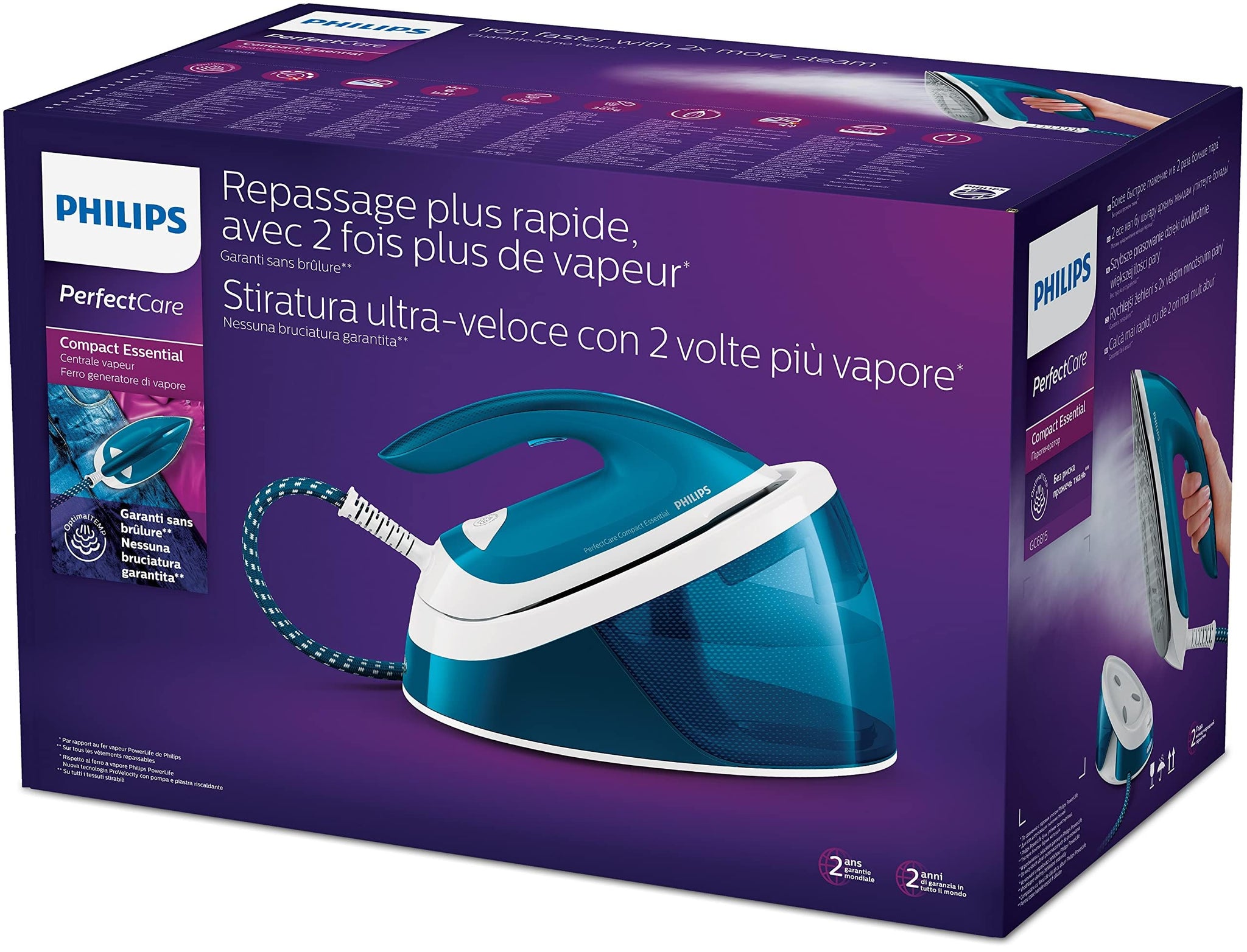 Philips PerfectCare Compact Essential Steam Generator Iron - 2400W, 120g/min Continuous Steam, 1.3L, OptimalTEMP Technology, Blue/White - GC6815/26