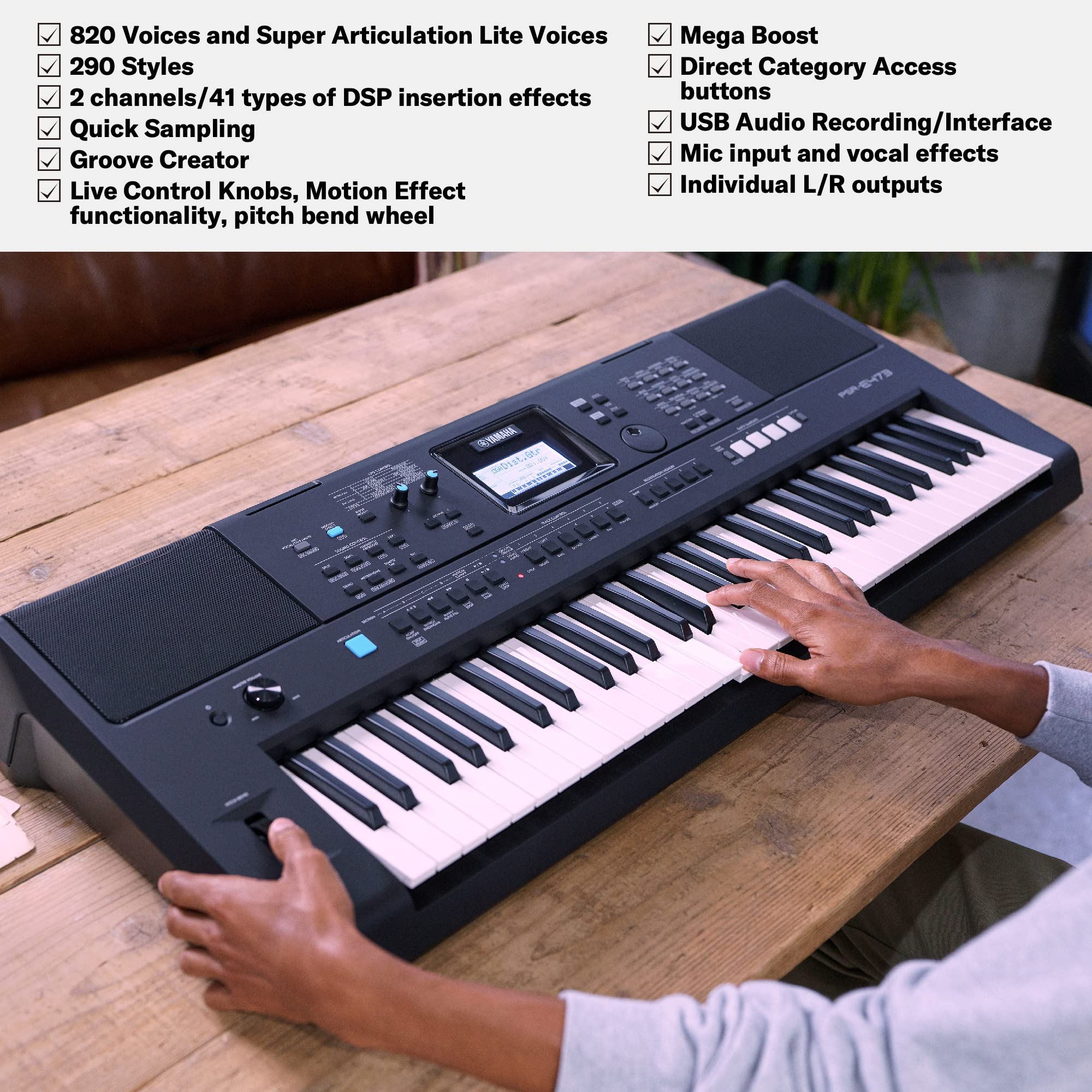 YAMAHA PSR-E473,61 KEYS PORTABLE KEYBOARD WITH POWER ADAPTOR, Black