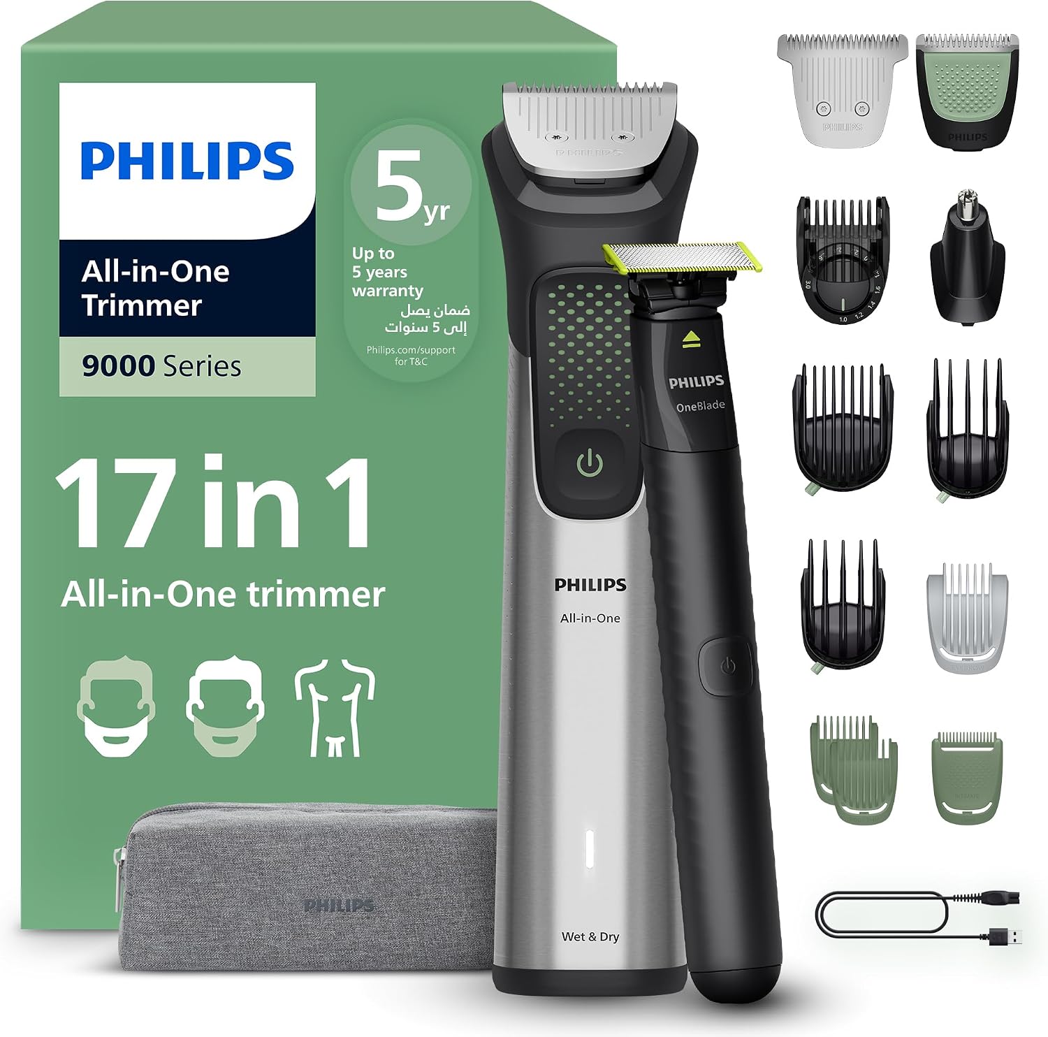 ماكينة التشذيب متعددة الاستخدامات MG7922/15 من Philips | مجموعة عناية 13 في 1 لتشذيب الوجه والشعر والجسم | مشط دقيق لتسريح مثالي | 120 دقيقة من الاستخدام اللاسلكي، مقاومة للماء