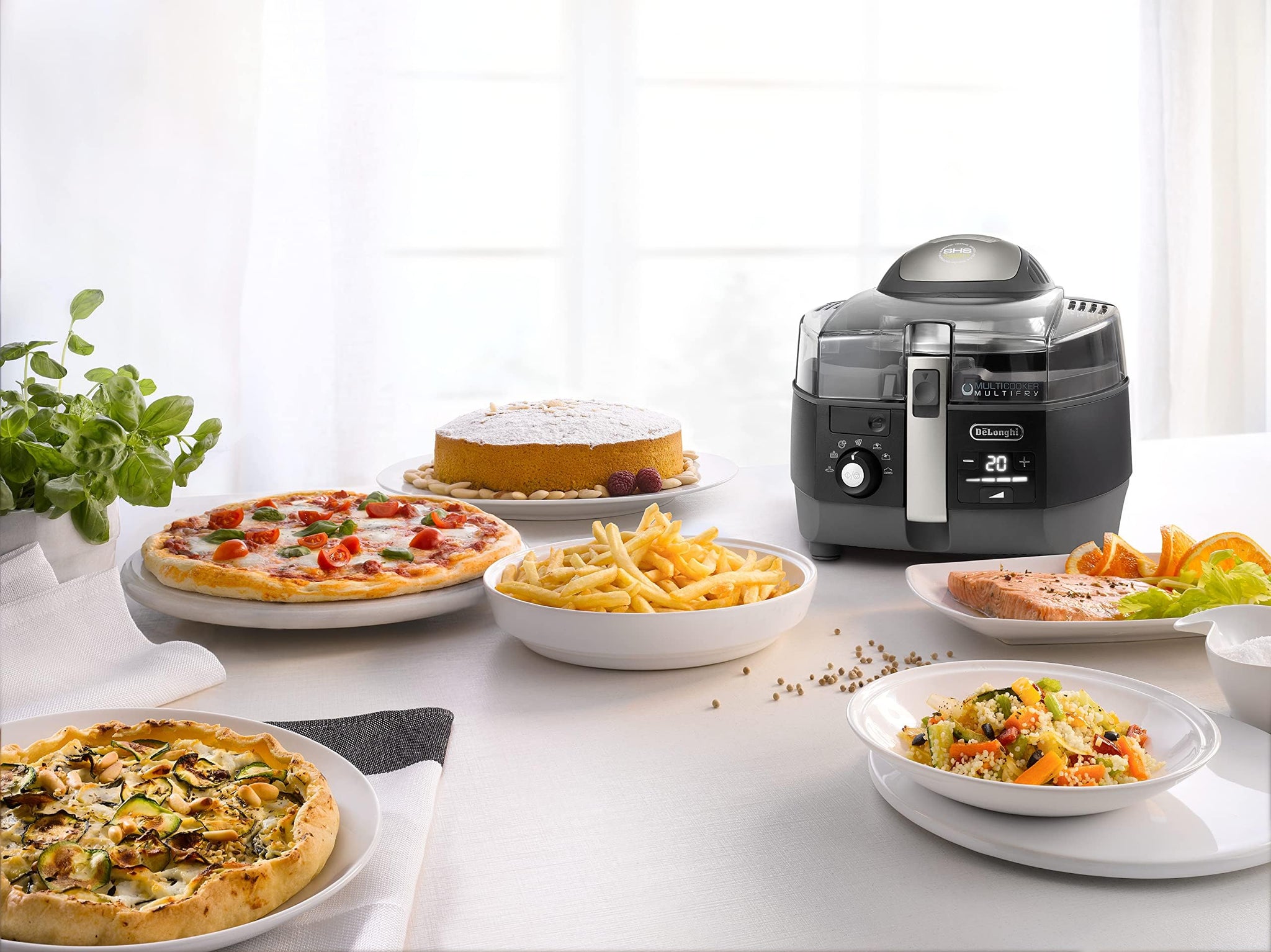 De'Longhi De'Longhi- Air Fryer, Multi Fry, Viewing Window, Adjustable Thermostat, Removable Timer, Multi Cooker Grilling, Broiling, Roast, Bake, Black & Grey, 2200 Watts, 1.5 Kg, FH1396/1.BK