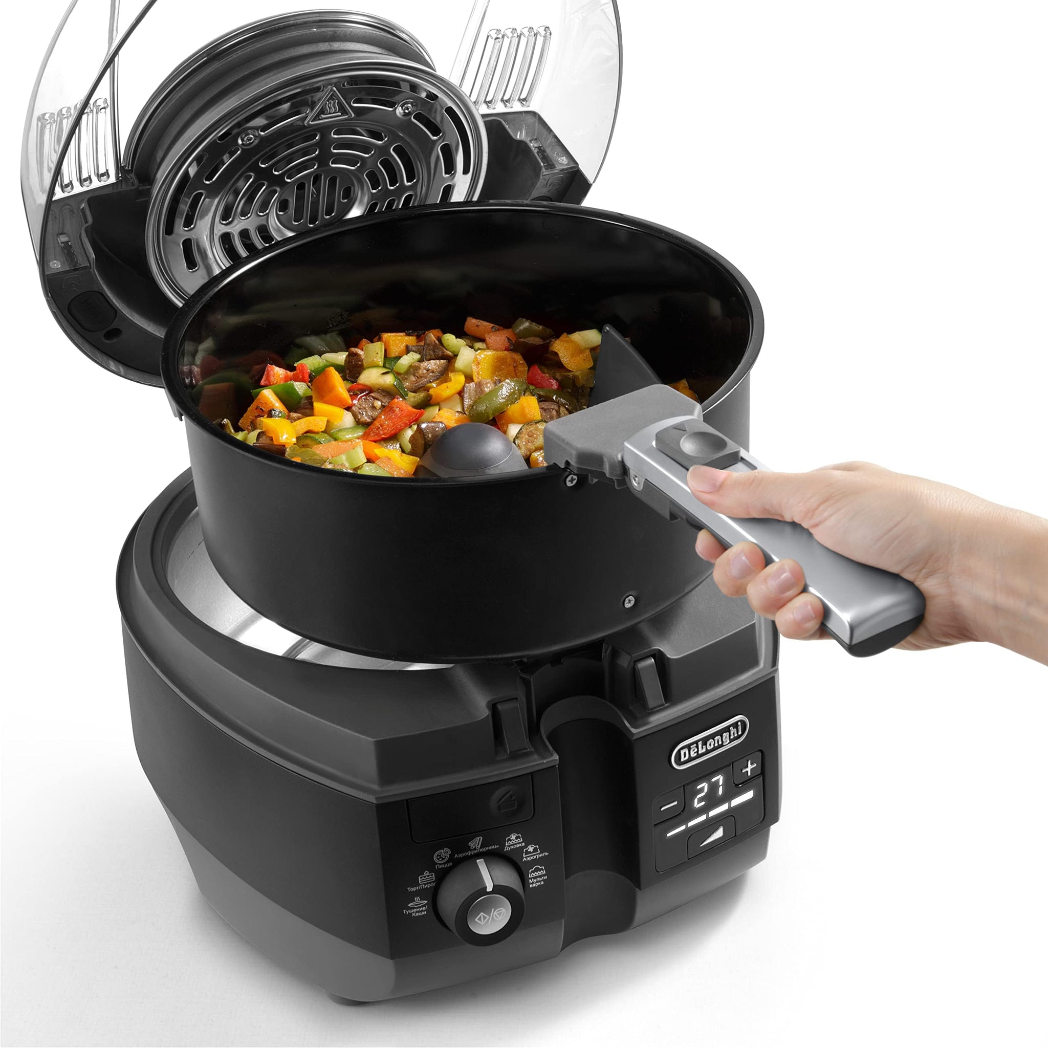 De'Longhi De'Longhi- Air Fryer, Multi Fry, Viewing Window, Adjustable Thermostat, Removable Timer, Multi Cooker Grilling, Broiling, Roast, Bake, Black & Grey, 2200 Watts, 1.5 Kg, FH1396/1.BK