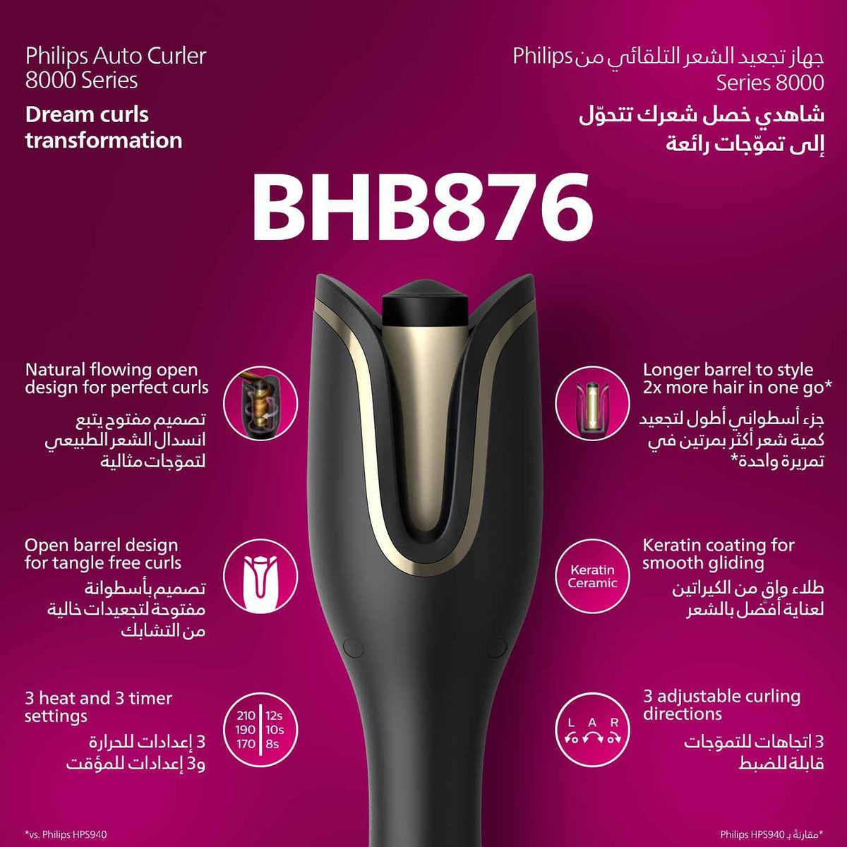 Philips Auto Curler BHB876/03 |Open barrel design for tangles free curls | Full Automatic Curler|3 Temperature modes | 3 Timer settings|Two smart curling guards| kertain ceramic coating