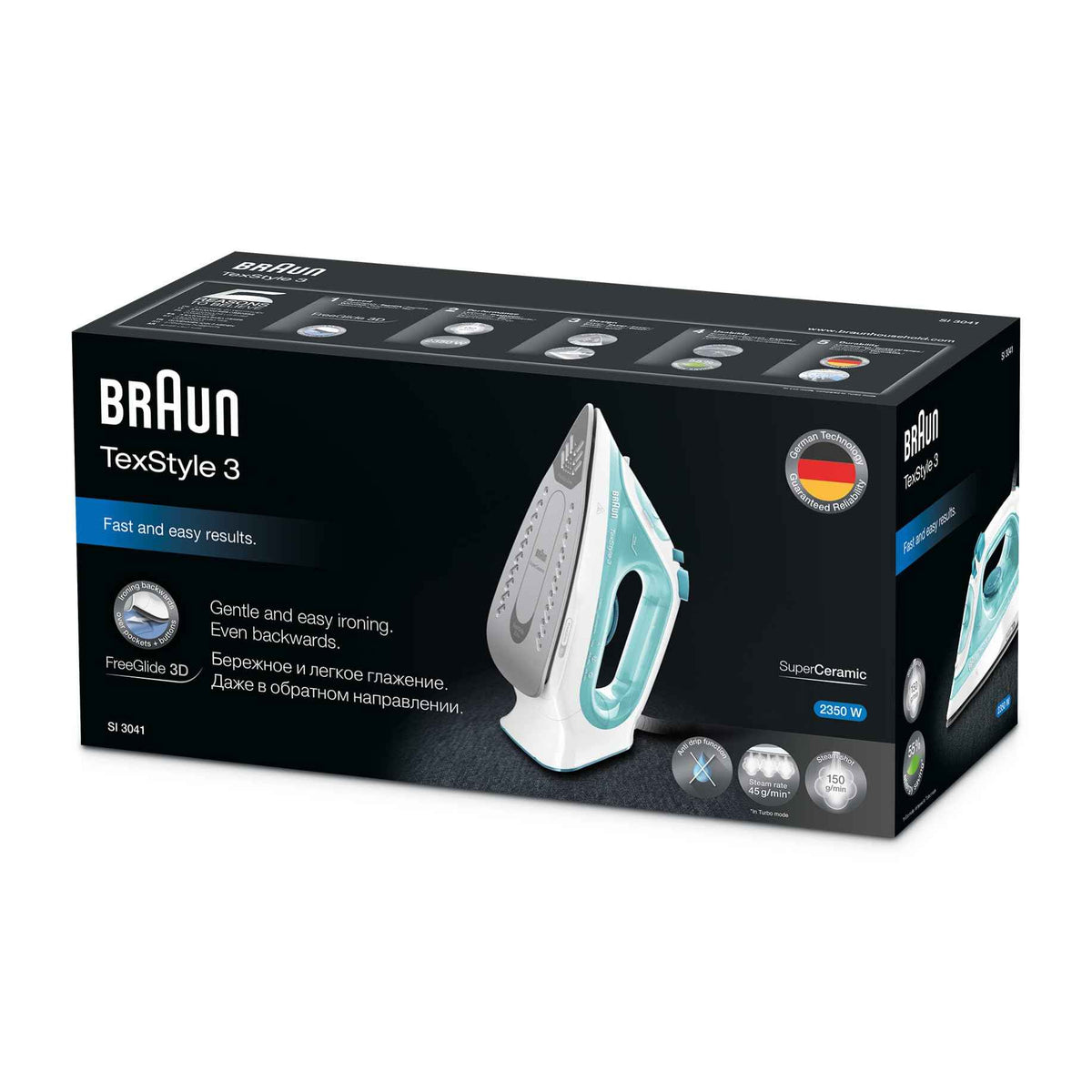 Braun Tex Style 3 Steam Iron, Turquoise, Si 3041 Gr."Min 1 year manufacturer warranty