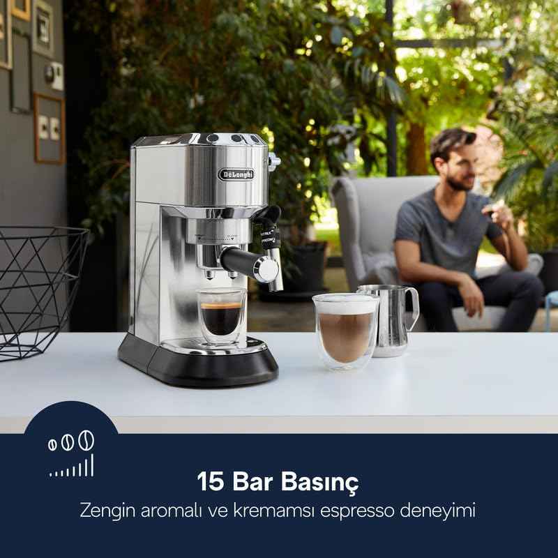 De'Longhi Dedica Pump Espresso Manual Coffee Machine | Cappuccino, Latte Macchiato With Milk Frother | Thermo Block Heating System For Accurate Temperature | Easy To Clean | EC685.M (Metal)
