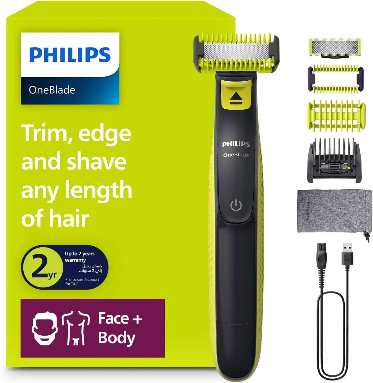فيليبس OneBlade Pro ماكينة للوجه والجسم QP6542/10، للتشذيب والحلاقة مع مشط دقيق بـ 12 طولاً، مقاومة للماء، استخدام لاسلكي لمدة 90 دقيقة