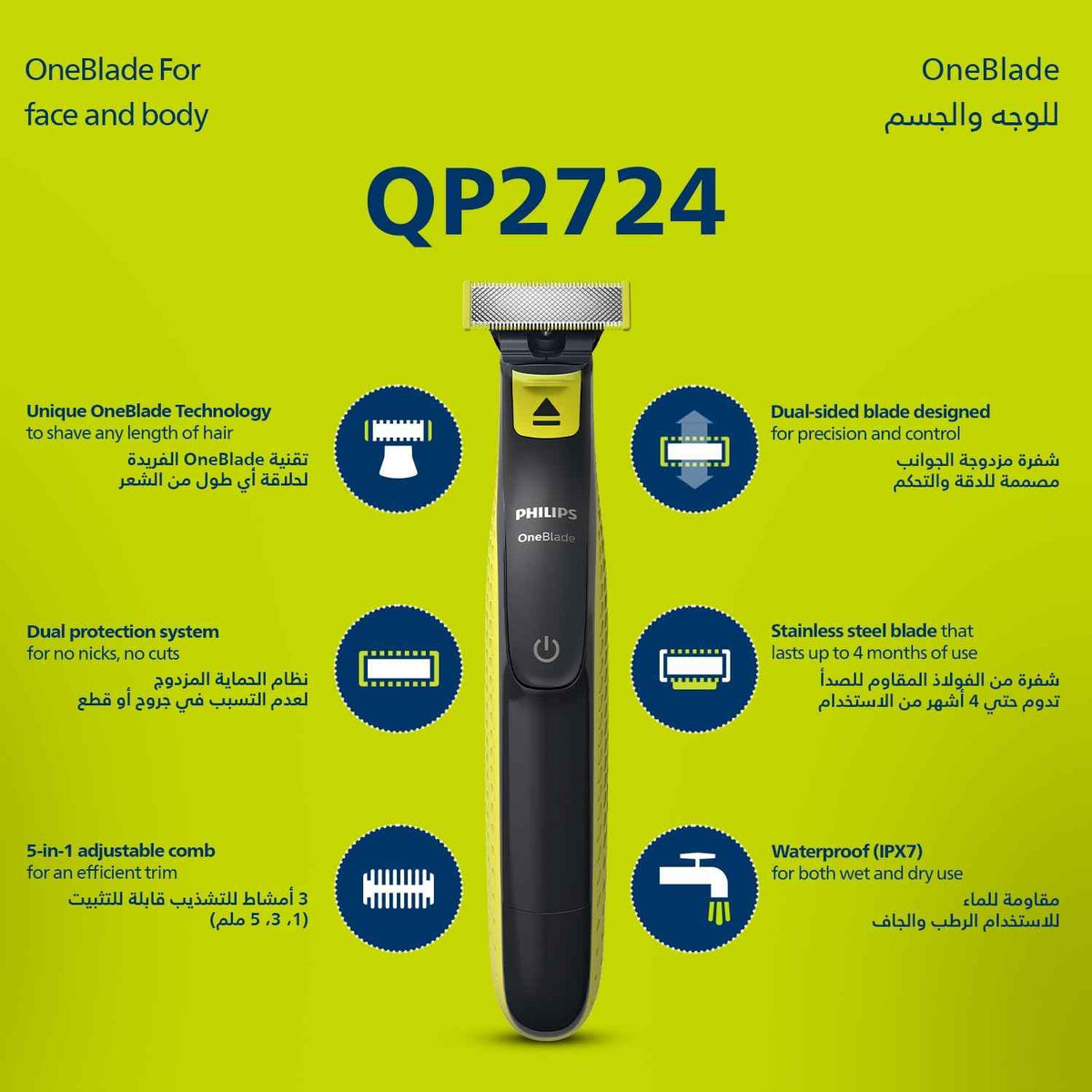 فيليبس OneBlade Pro ماكينة للوجه والجسم QP6542/10، للتشذيب والحلاقة مع مشط دقيق بـ 12 طولاً، مقاومة للماء، استخدام لاسلكي لمدة 90 دقيقة