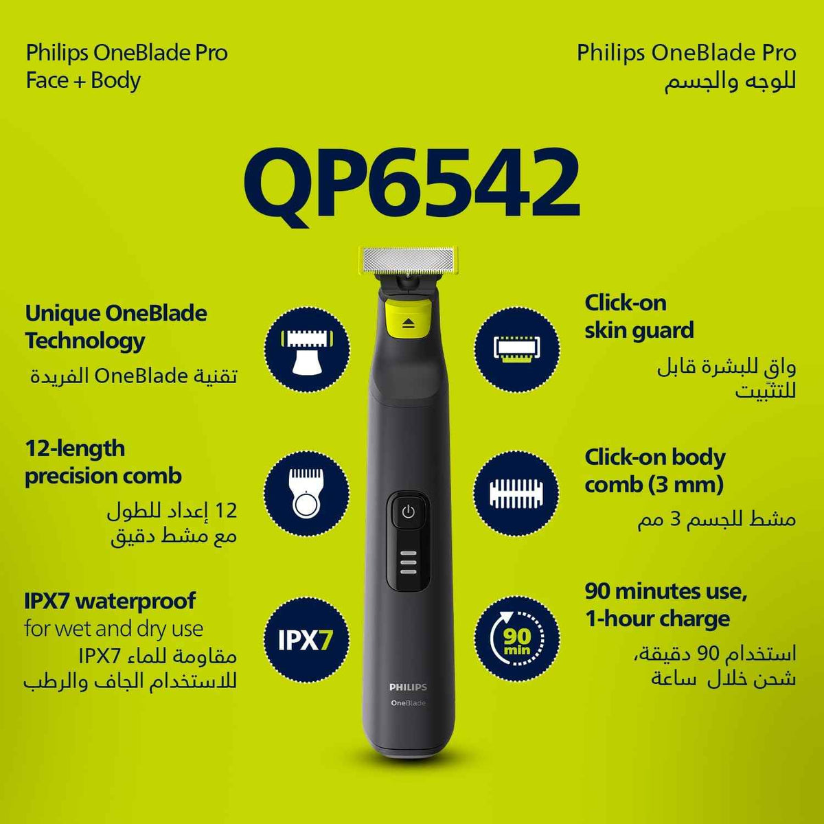 فيليبس OneBlade Pro ماكينة للوجه والجسم QP6542/10، للتشذيب والحلاقة مع مشط دقيق بـ 12 طولاً، مقاومة للماء، استخدام لاسلكي لمدة 90 دقيقة