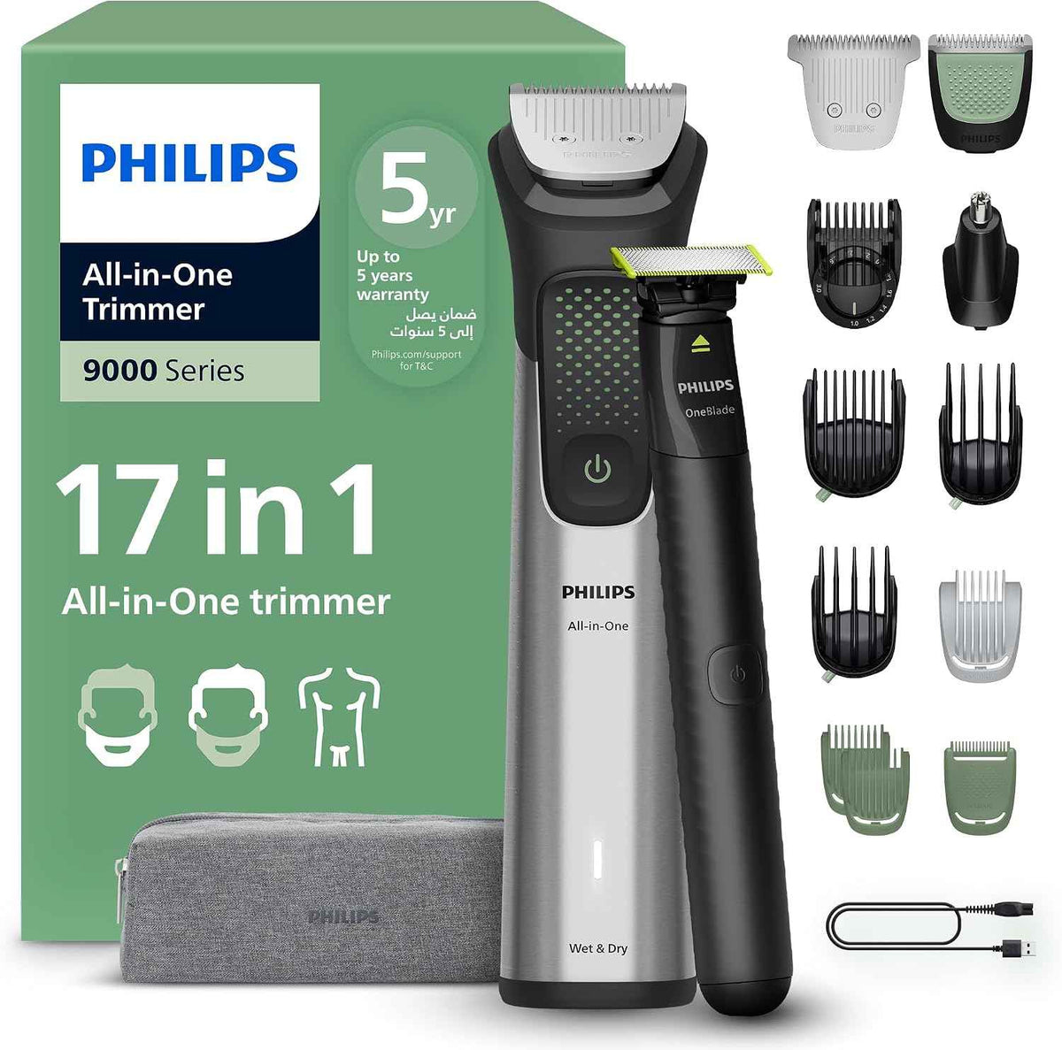ماكينة التشذيب متعددة الاستخدامات MG7922/15 من Philips | مجموعة عناية 13 في 1 لتشذيب الوجه والشعر والجسم | مشط دقيق لتسريح مثالي | 120 دقيقة من الاستخدام اللاسلكي، مقاومة للماء