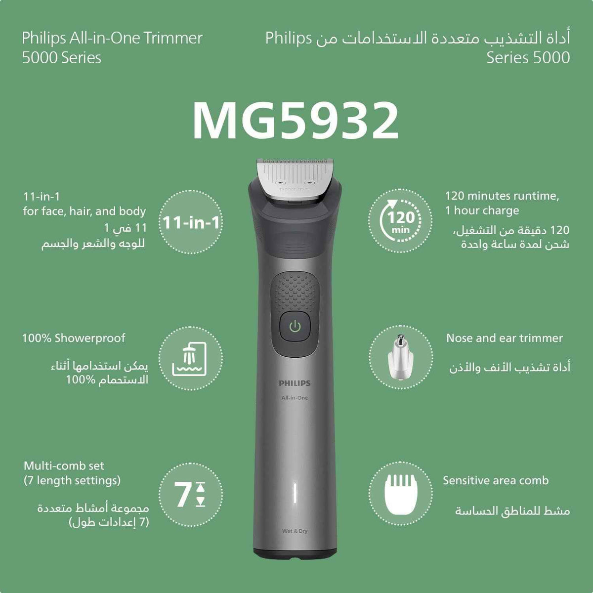 ماكينة التشذيب متعددة الاستخدامات MG7922/15 من Philips | مجموعة عناية 13 في 1 لتشذيب الوجه والشعر والجسم | مشط دقيق لتسريح مثالي | 120 دقيقة من الاستخدام اللاسلكي، مقاومة للماء