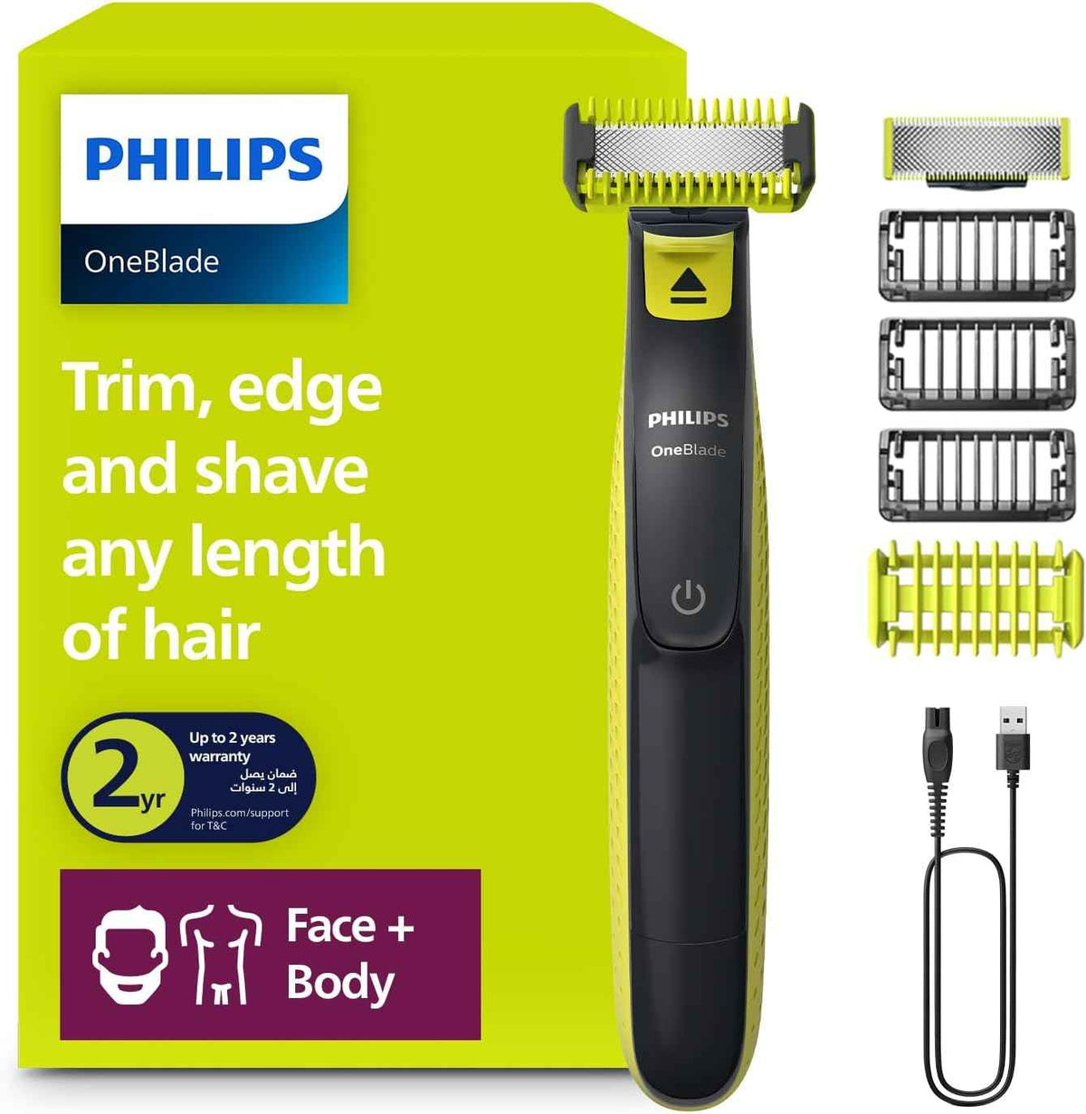 ماكينة OneBlade للوجه والجسم QP2824 من Philips | شفرة مزدوجة الجوانب | تقنية OneBlade الفريدة | 45 دقيقة من الاستخدام اللاسلكي | مقاومة للماء | أداة كهربائية لتشذيب وحلاقة اللحية