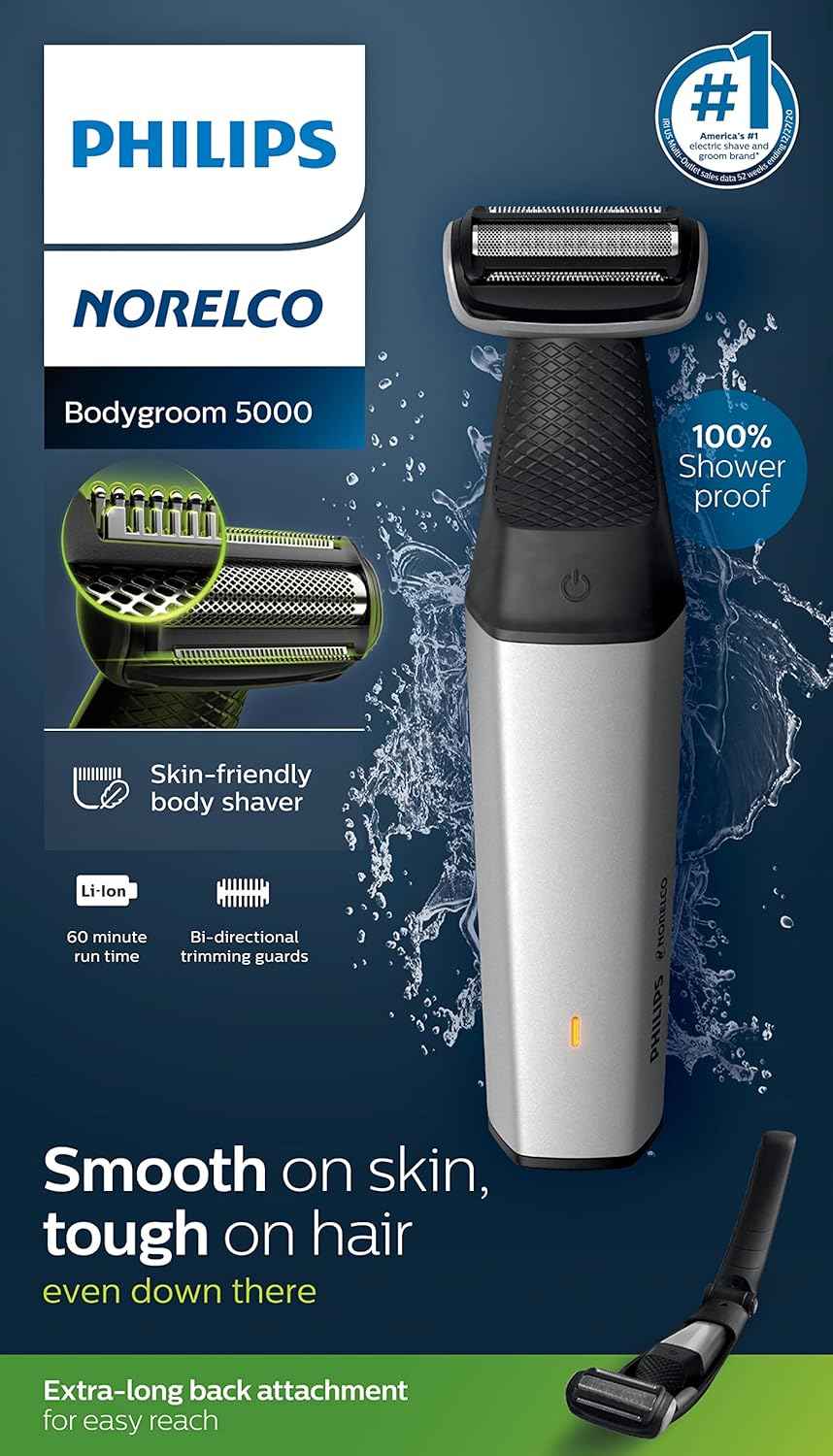 ماكينة تشذيب الجسم والعناية الشخصية فيليبس نوريلكو Bodygroom Series 5000 المقاومة للماء للجسم والعناية الشخصية للرجال مع ملحق الظهر، BG5025/40
