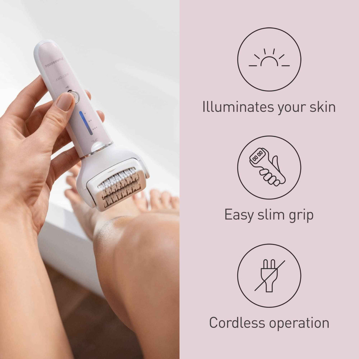 Panasonic ES-EY80 Wet and Dry Epilator for women, Double Disc with 60 Tweezers, Flexible 90° Pivoting Head, 3 Speed Setting & LED Light, Up to 30 Minutes Operation Time, 5 attachments