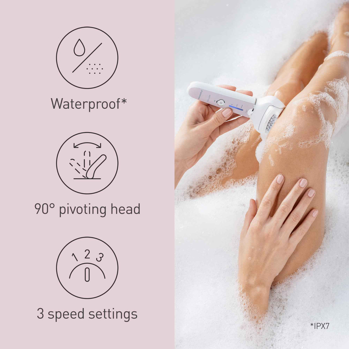 Panasonic ES-EY80 Wet and Dry Epilator for women, Double Disc with 60 Tweezers, Flexible 90° Pivoting Head, 3 Speed Setting & LED Light, Up to 30 Minutes Operation Time, 5 attachments