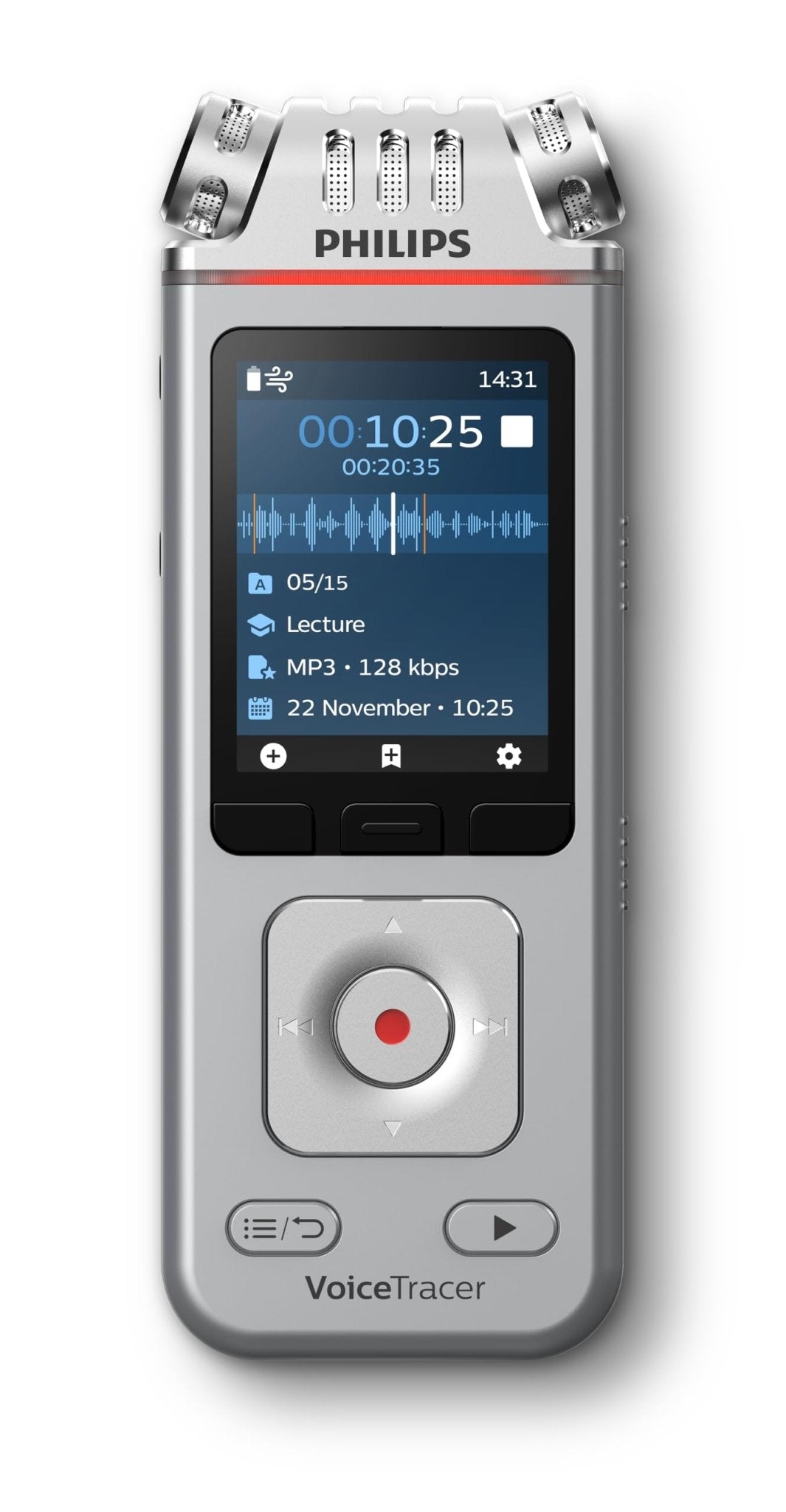 Philips DVT4115 VoiceTracer, Audio Recorder, MP3 and PCM, 3 HiFi microphones, exceptional distant recording. Sembly AI trial license: transcription, AI created summaries, AI powered meeting insights - City Park
