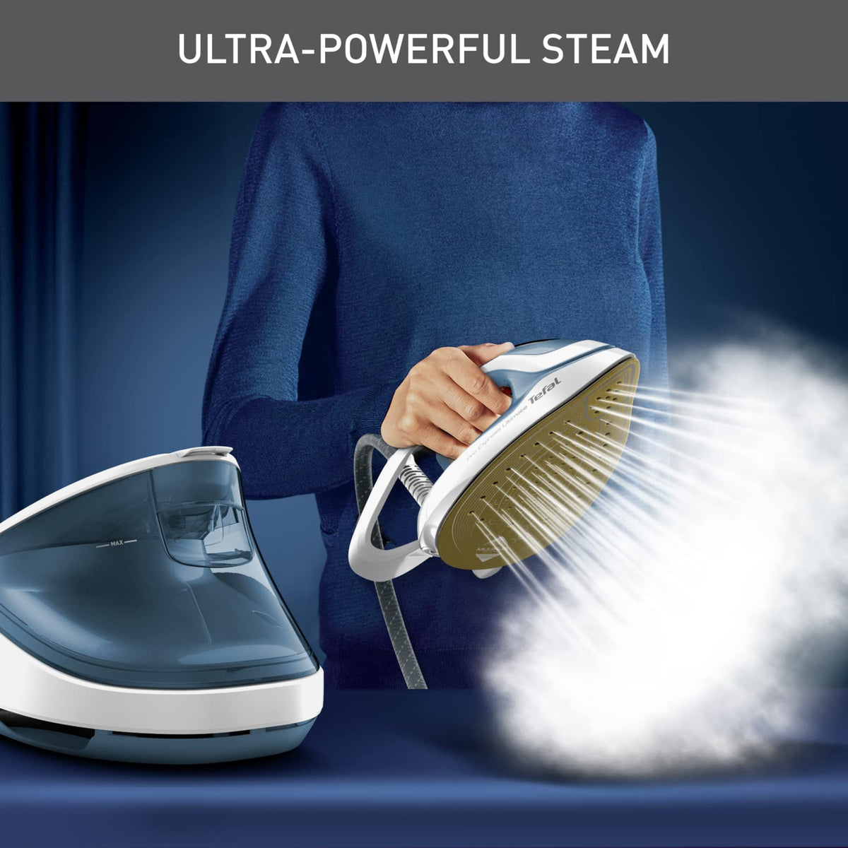 TEFAL Steam Station | Pro Express Ultimate II | Steam Generator Iron Steamer | 1.2 L | 2700 Watts | Durilium Airglide Soleplate | Anti scale | Auto off | Blue & White | 2 Years Warranty | GV9710M0 - City Park
